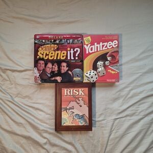 Vintage Risk Bookshelf Wooden, Yahtzee, Scene It? Seinfeld Ed - Games Set